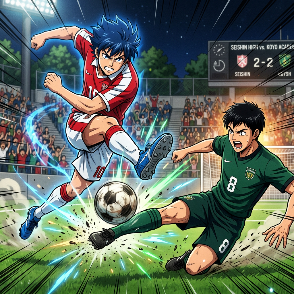 Two soccer players competing aggressively for the ball on a grassy field during a match