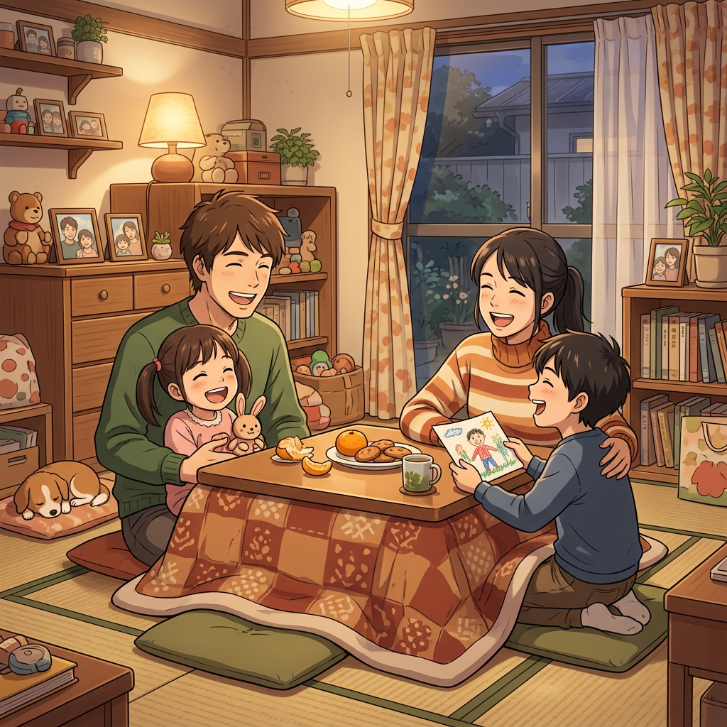 Family of four laughing and sitting around a kotatsu table with snacks and drawings in a warmly lit room.