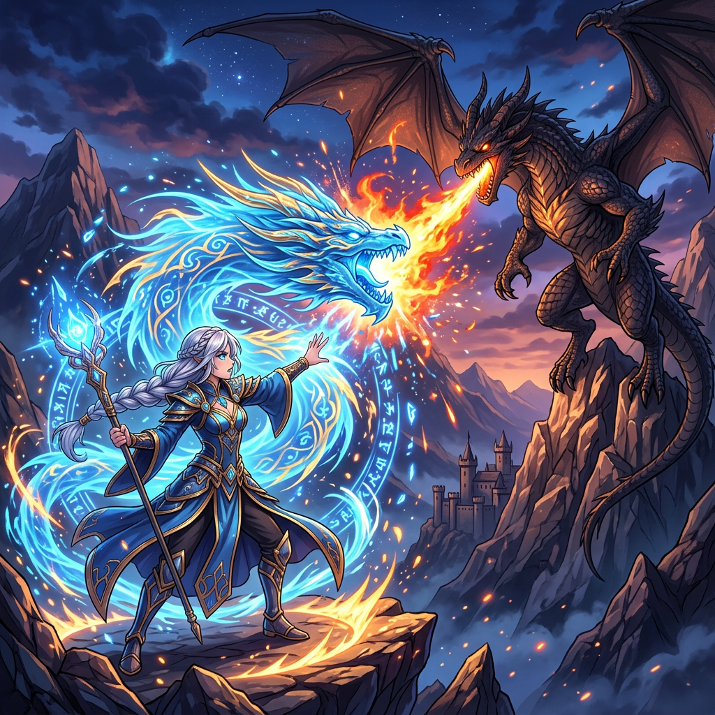 Mage casting spell with blue magical dragon fighting black fire-breathing dragon on rocky cliffs